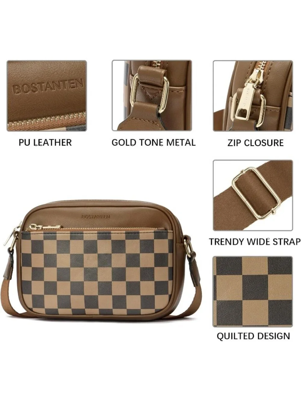 Women's Coffee Leather Crossbody Purses Shoulder Handbags with Wide Strap
